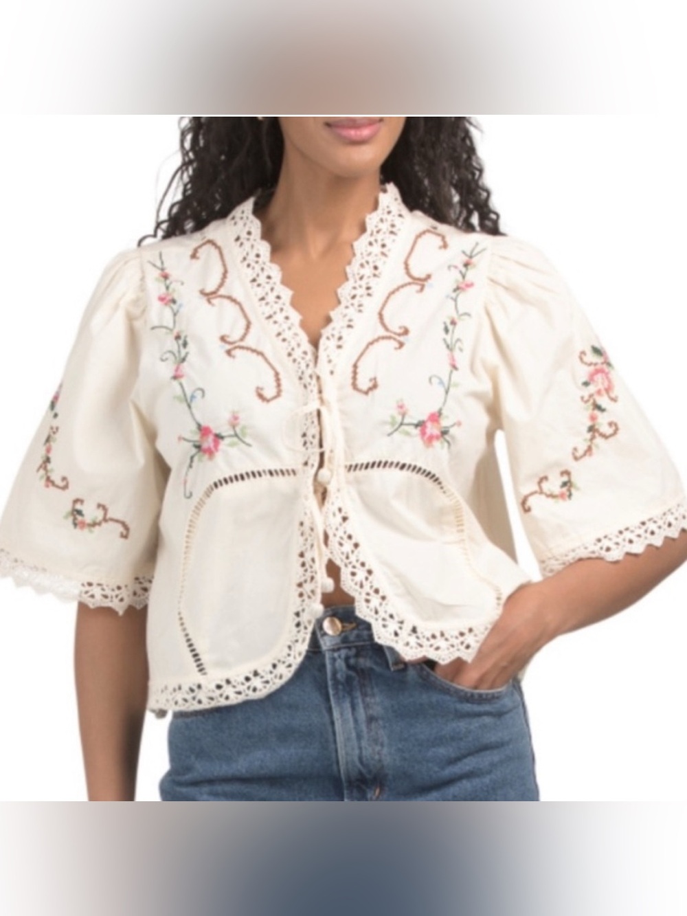 Jennifer & Grace embroidered cropped lace floral blouse eyelet top Size S Sezane